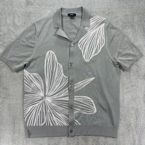 Reiss Knit Polo Shirt Mens XL Sage Laurent Floral Embroidered Stretch Button Up